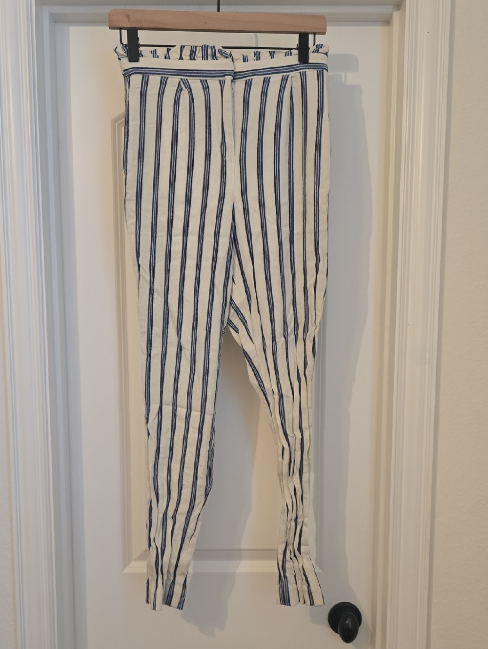 Express High Waisted Paperbag Vertical Navy Stripe Linen-Blend Pants